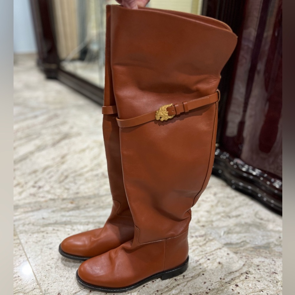 Valentino Garavani calfskin cognac over the knee boots